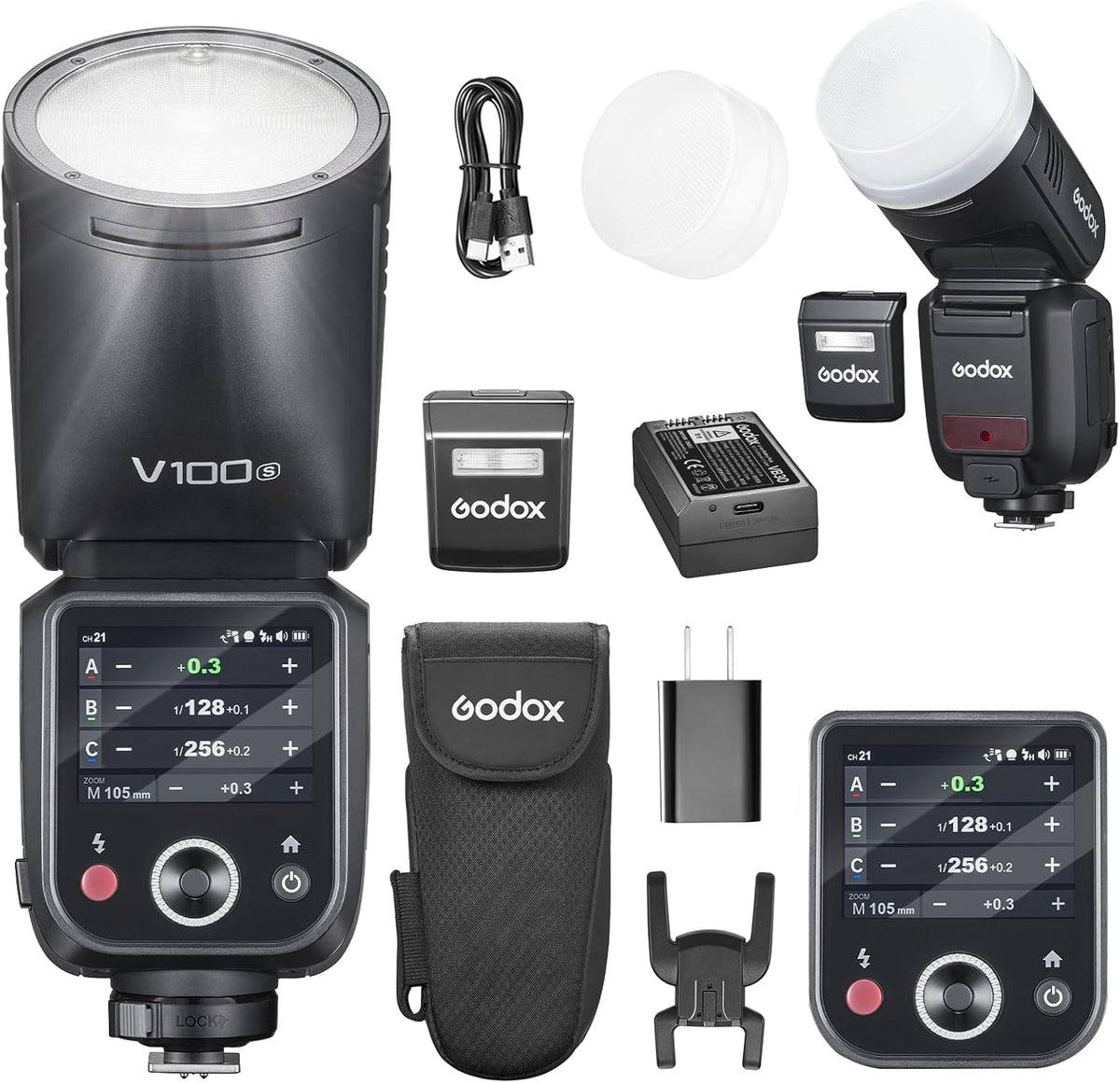 Godox V100S flash para Sony - Cabeza redonda de 100 W y pantalla táctil - Sincronización global hasta 1 a 80000 s - Sistema inalámbrico 2,4 GHz USB C y batería de litio