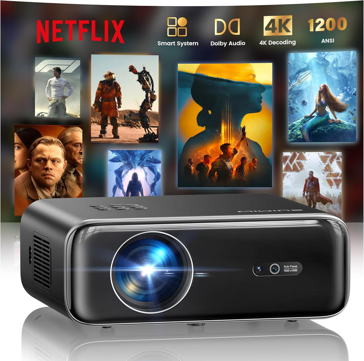 Proyector 4K inteligente portátil - Full HD 1080p y brillo de 1200 ANSI lm - Netflix Dolby HDR10 y WiFi 6 - Autoenfoque corrección trapezoidal Bluetooth HDMI y USB