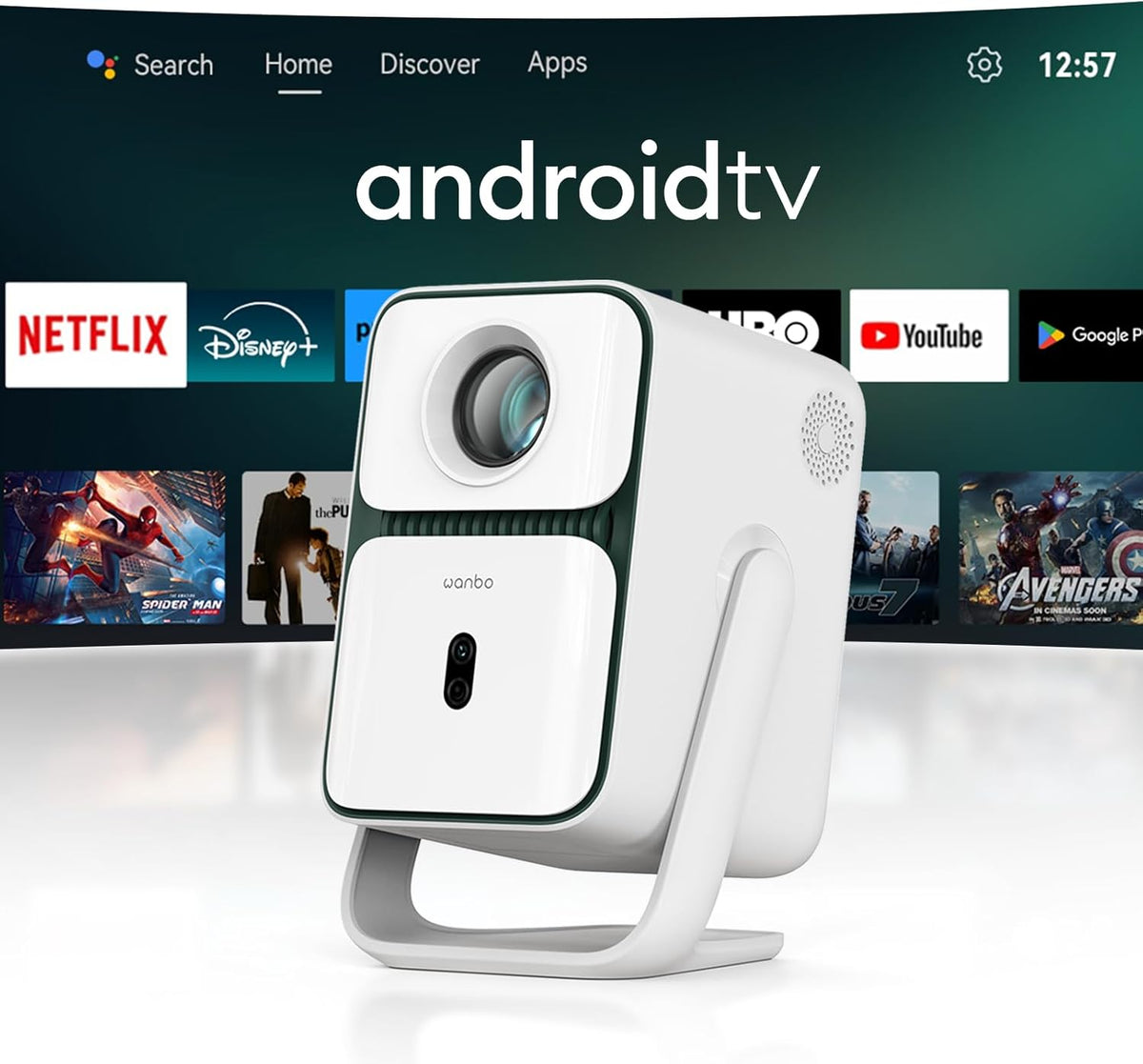 Proyector portátil de tiro corto - Full HD 1080p nativo con Android TV y Netflix oficial - Giro de 120 grados para cine en casa - WiFi Bluetooth HDMI y diseño portátil