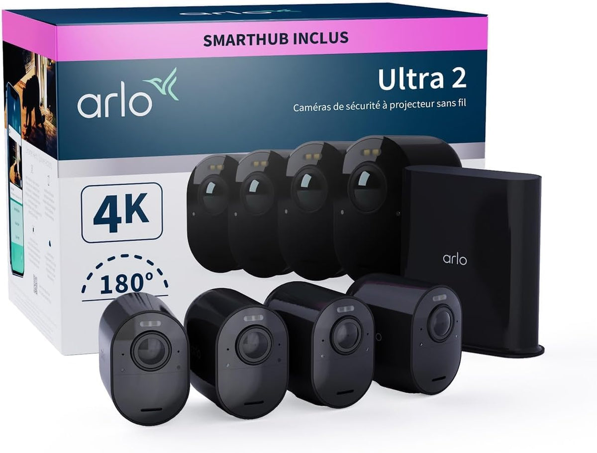 Arlo Ultra 2 - Kit de 4 cámaras WiFi 4K para interior y exterior - Batería sensor de movimiento y visión nocturna en color - Cámaras negras inalámbricas compatibles con Alexa