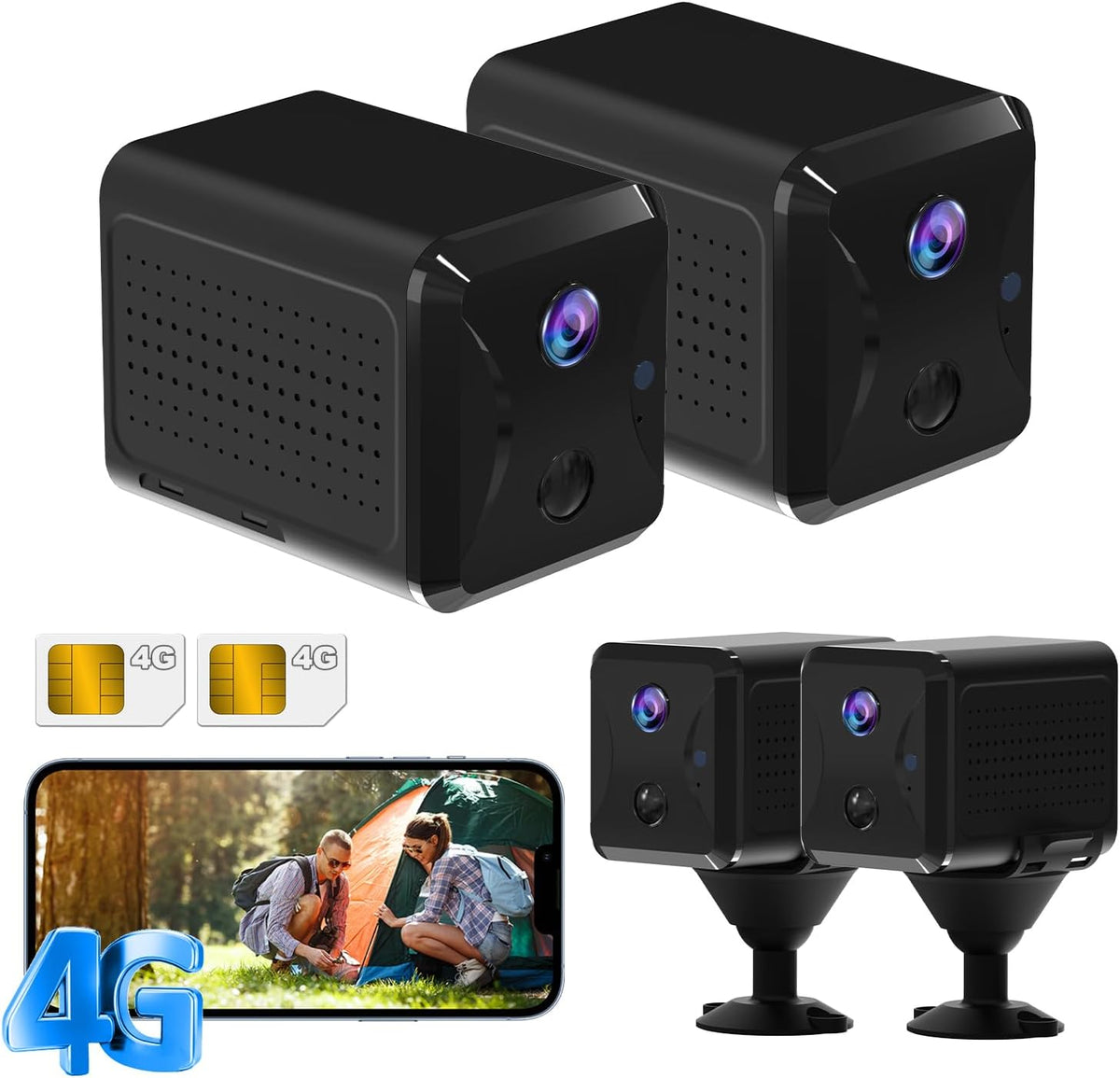 UCOCARE CA 5100C R - Kit de 2 cámaras 4G LTE con tarjeta SIM y batería 5200 mAh - Campo de visión de 160 grados y detección IA - Visión nocturna para interior y exterior