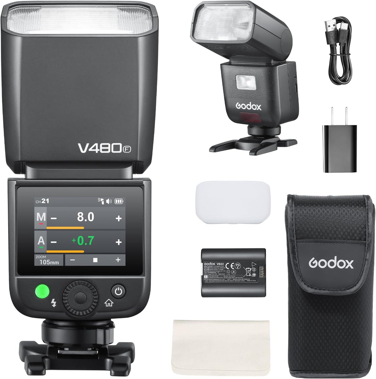 Godox V480 F - Flash TTL GN50 para Fujifilm con pantalla táctil - HSS 1 a 8000 s y sistema X 2,4 GHz - Batería de litio USB C con 650 destellos y reciclaje de 1,7 s