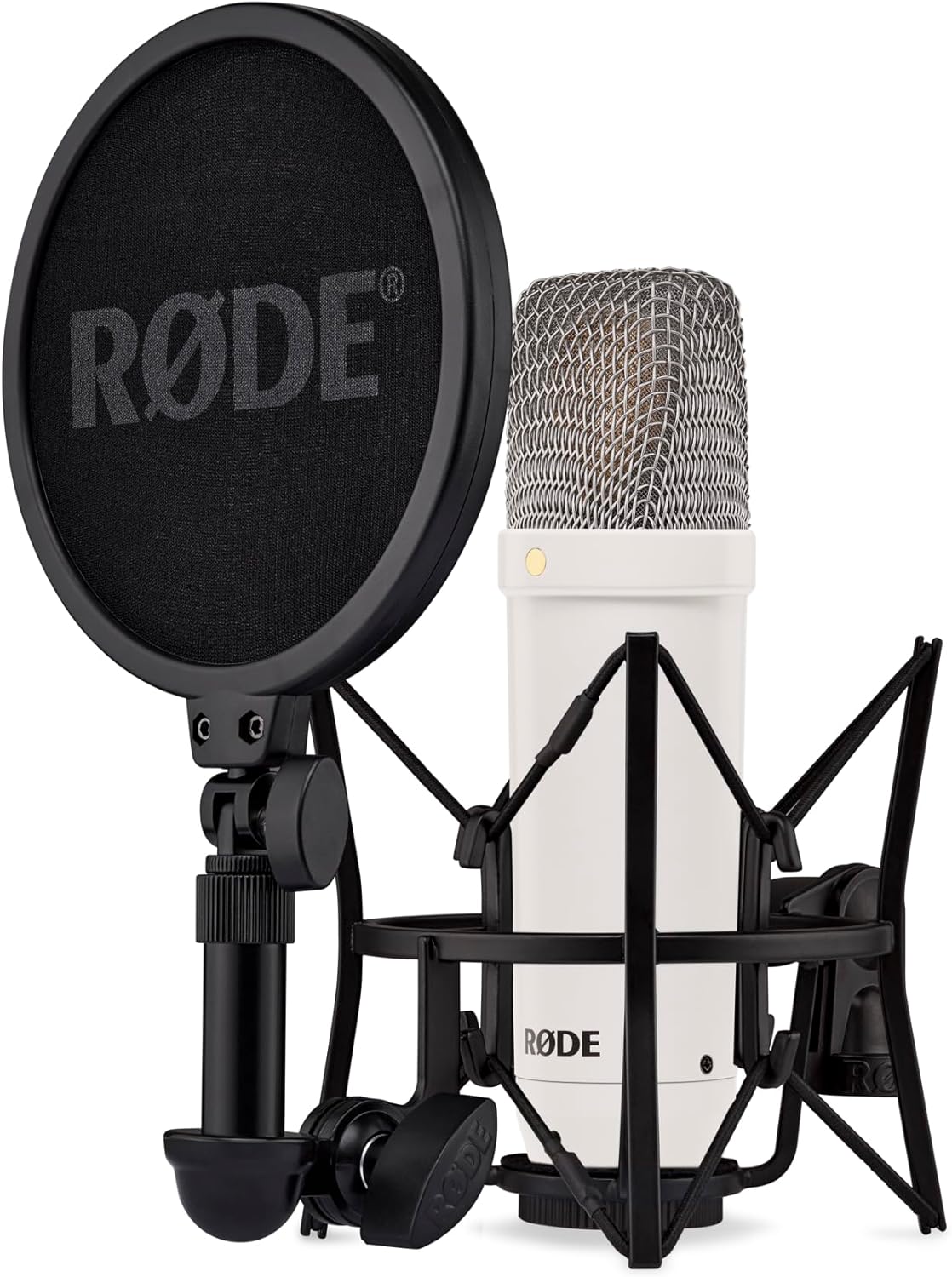 RODE NT1 Signature Series micrófono de condensador - Diafragma grande y patrón unidireccional - Conexión XLR para voz música podcast y streaming - Blanco con soporte filtro y cable
