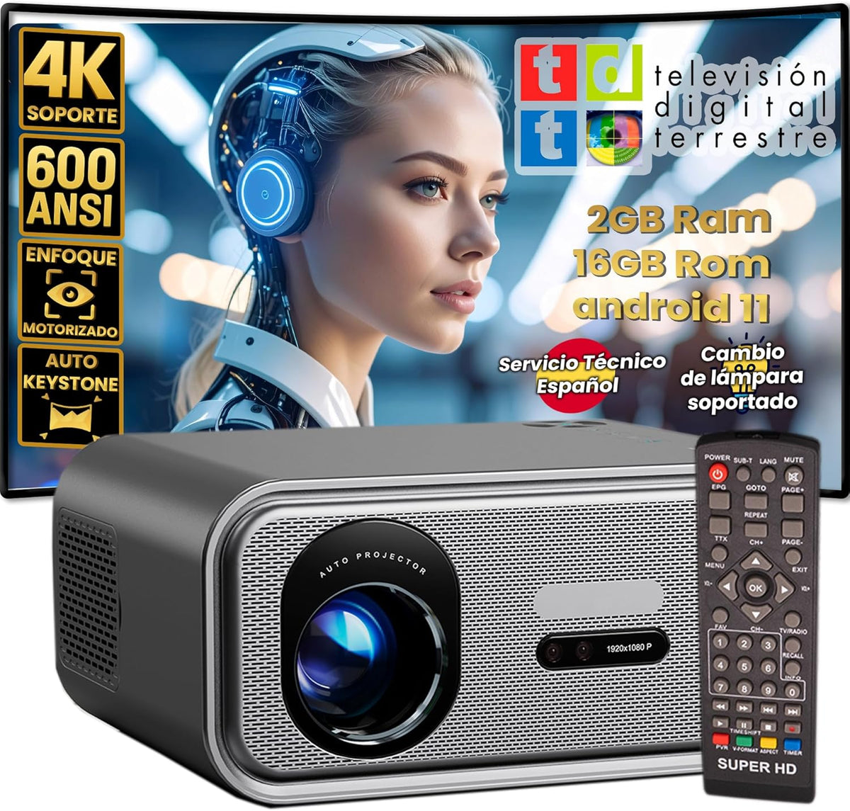 Unicview FHD3000 proyector con TDT - Full HD 1080p y 600 lúmenes ANSI - Android 11 DVB T2 HD y soporte 4K - WiFi Bluetooth enfoque motorizado y Keystone 4D