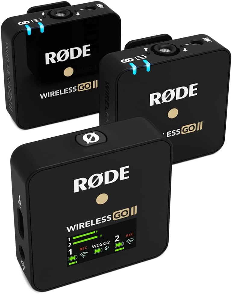 RØDE Wireless GO II Dual - Sistema de micrófono inalámbrico de doble canal - Dos transmisores con micrófonos integrados y receptor - USB y jack de 3,5 mm para cámara smartphone y ordenador