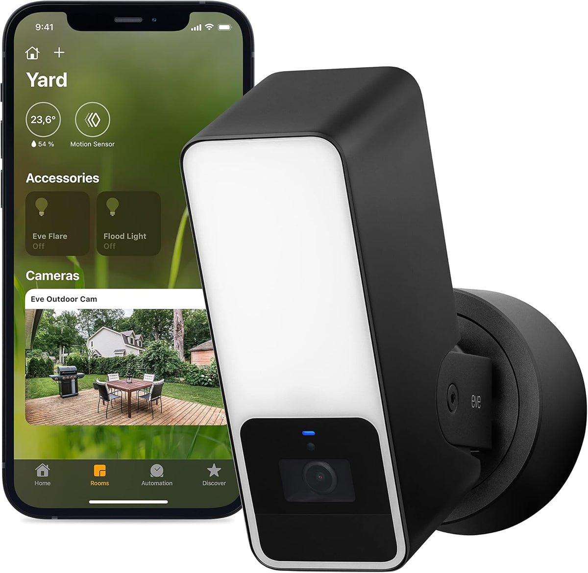 Eve Outdoor Cam - Cámara exterior 1080P con foco y HomeKit Secure Video - WiFi 2,4 GHz con sensor de movimiento y visión nocturna - Audio bidireccional y alimentación por cable
