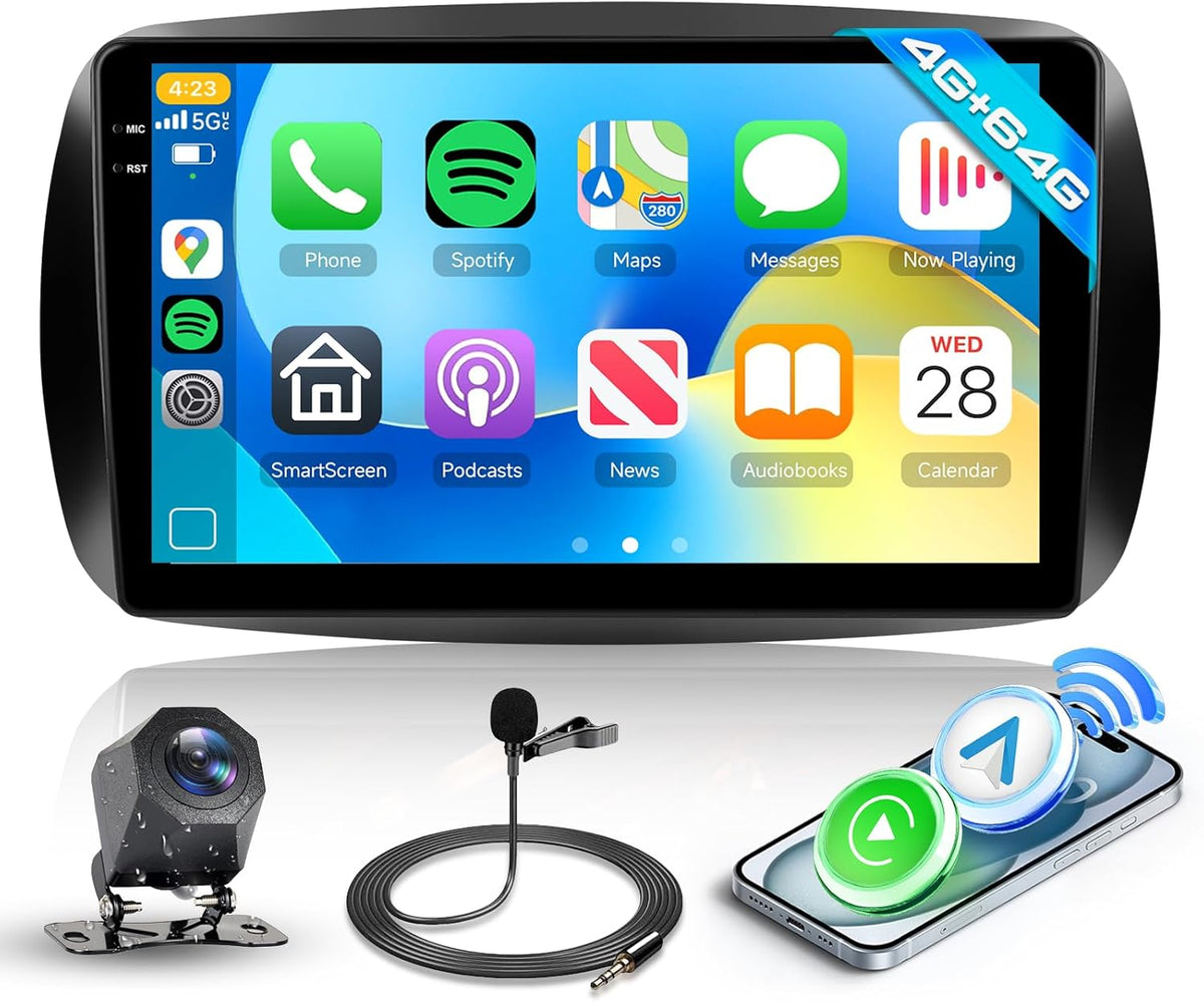 Hodozzy radio Android para Mercedes Smart 453 - Pantalla táctil InCell de 9 pulgadas con 4 GB RAM y 64 GB - CarPlay Android Auto GPS DSP WiFi FM RDS - Para Fortwo 2014 a 2020