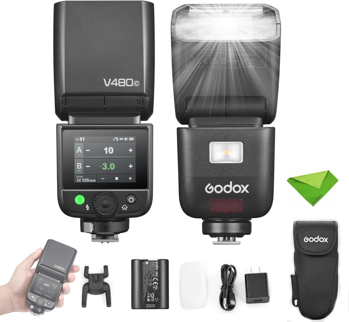 Godox V480 C - Flash TTL GN50 para cámaras Canon - HSS 1 a 8000 s y pantalla táctil con reciclaje de 1,7 s - Batería de litio USB C y hasta 650 destellos a plena potencia