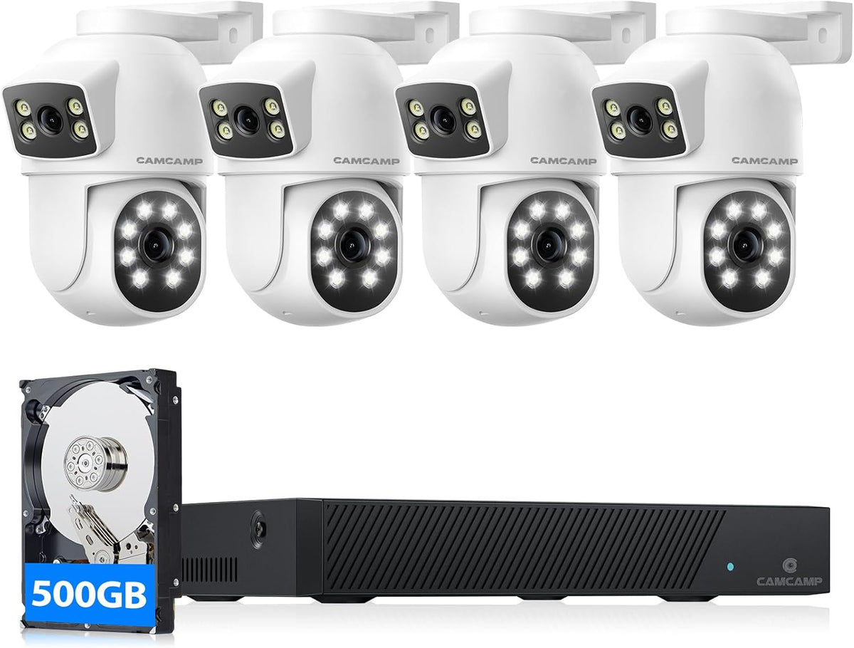 CAMCAMP SC52 - Kit PoE de 4 cámaras 2K 4 MP de doble lente - NVR H265 Plus de 8 canales con disco duro de 500 GB - Grabación continua visión nocturna y alertas por correo
