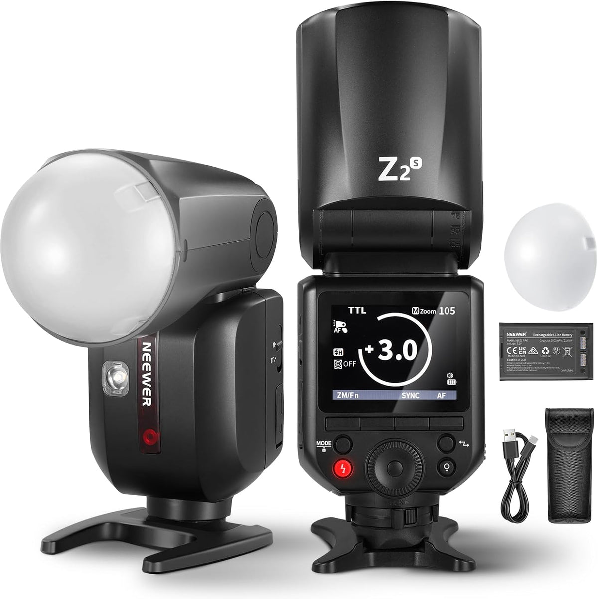 NEEWER Z2 S flash TTL para Sony - Cabeza redonda de 76 W y HSS 1 a 8000 s - Batería de 3000 mAh y hasta 600 destellos - Sistema 2,4 GHz con difusor y 2 luces de modelado