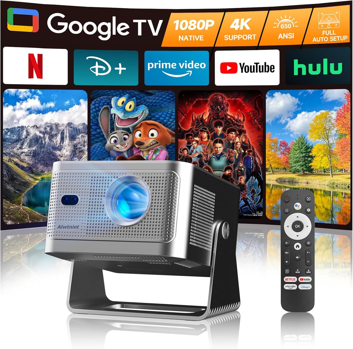 Alwtniet HY350GT - Proyector portátil Full HD 1080P compatible con 4K y 650 lm - Google TV WiFi Bluetooth y autoenfoque - Keystone 6D y tiro ultracorto para cine en casa