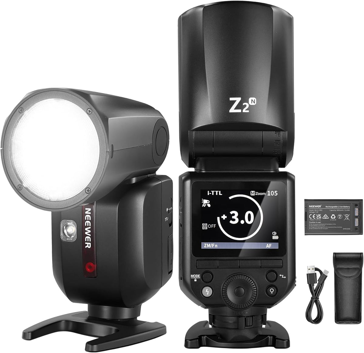 NEEWER Z2 N - Flash TTL de cabeza redonda 76 Ws para Nikon - HSS hasta 1 a 8000 s con TCM y dos luces de modelado - Batería 3000 mAh y sistema inalámbrico 2,4 GHz
