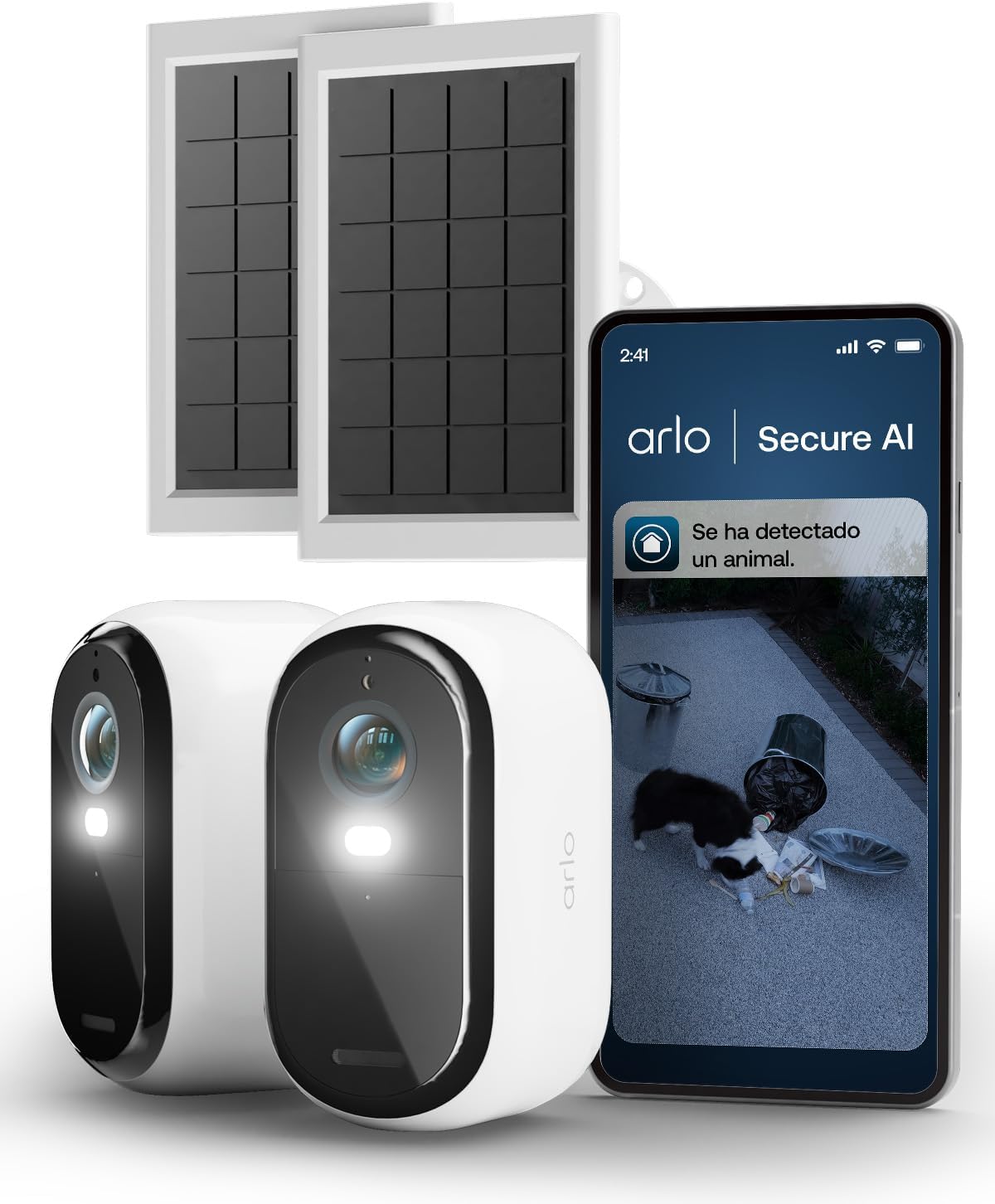 Arlo Essential 3 HD - Kit de 2 cámaras WiFi con 2 paneles solares - Batería de hasta 6 meses y visión nocturna - Audio bidireccional sensor de movimiento Alexa Google y SmartThings