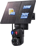 Cámara solar CCTV 4G LTE - Panel solar de 20 W y batería de 20000 mAh - Doble lente con zoom óptico 36x - Visión nocturna en color y detección de personas y vehículos