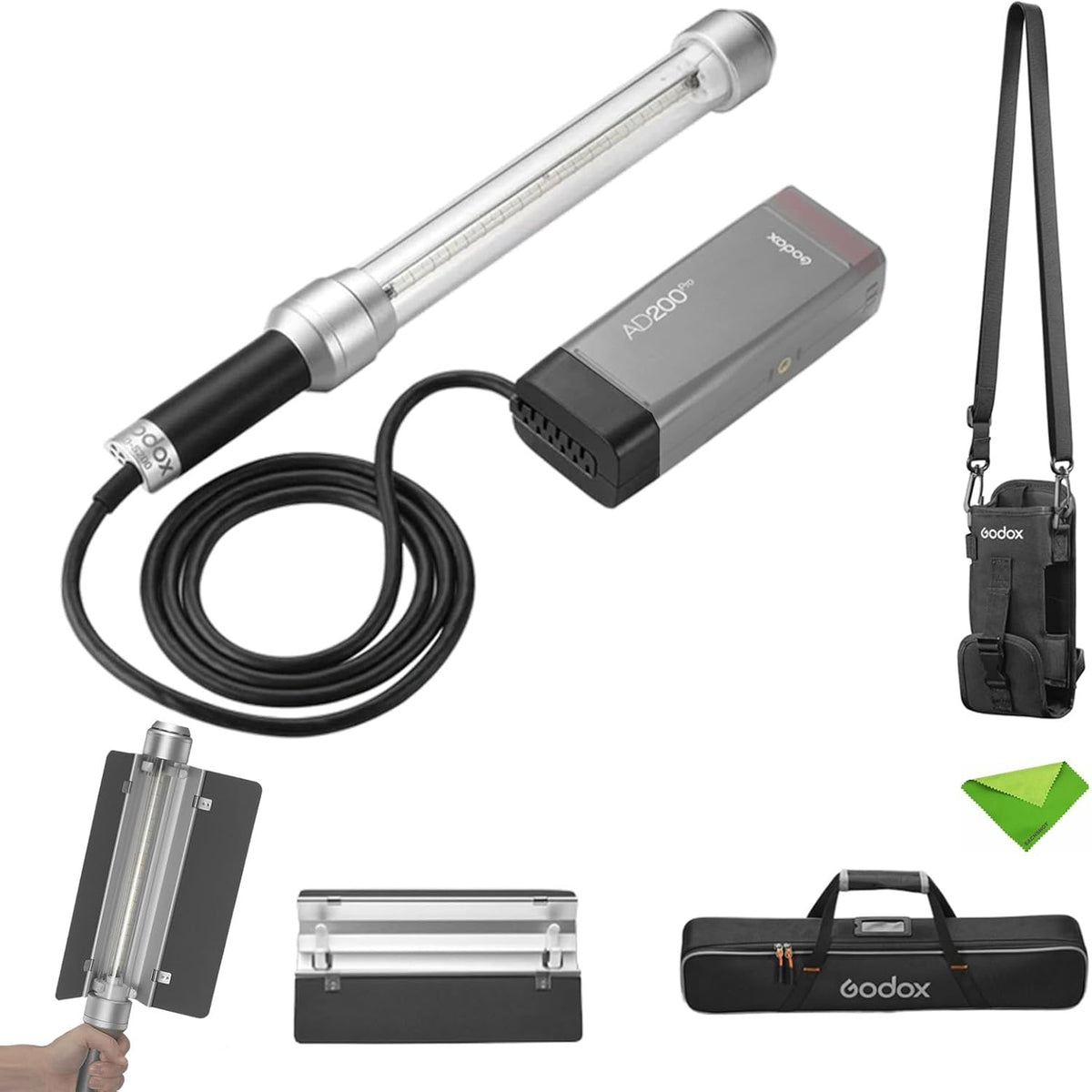 Godox AD S200 - Cabezal flash tubular de 200 Ws para AD200 y AD200Pro - Temperatura de color 5800 K y luz de 360 grados - Incluye viseras y bolsa CB57 para fotografía de moda