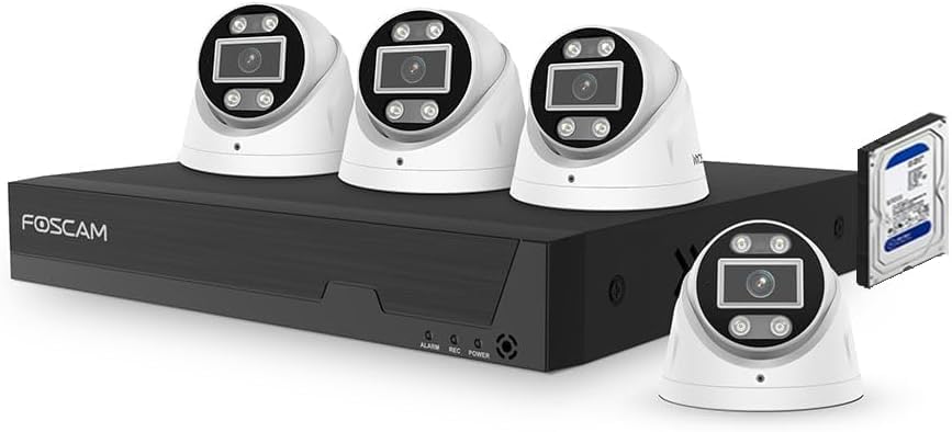 Foscam FN9108E T4 2T - Kit PoE con cámaras T5EP de 5 MP y NVR de 4 canales - Disco duro de 2 TB y visión nocturna hasta 20 m - Protección IP66 y compatibilidad ONVIF