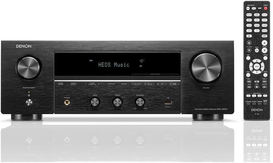 Denon DRA 900H - Receptor estéreo 2.2 canales con vídeo 8K y 8 puertos HDMI - HEOS integrado Bluetooth WiFi Ethernet USB y óptico - Para música televisión y sistema HiFi doméstico