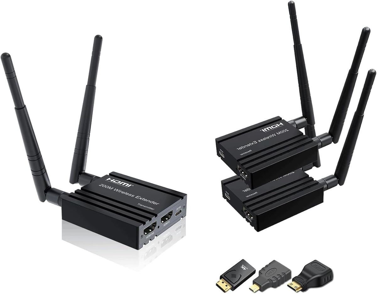 Transmisor HDMI inalámbrico - Kit con 1 transmisor y 2 receptores para señal 1080p - Alcance de hasta 200 m con bandas 2,4 y 5,8 GHz - Plug and Play para PC portátil TV monitor y proyector