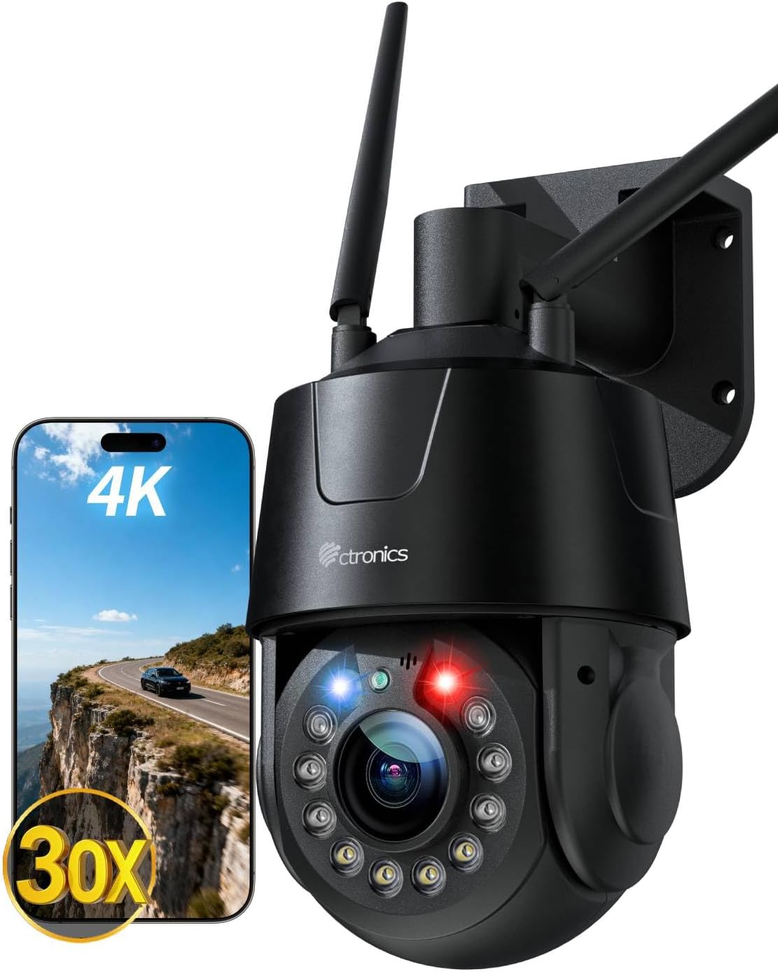 Ctronics 550C Z30B 4K cámara PTZ - Zoom óptico 30x y WiFi 2,4 y 5 GHz - Visión nocturna IR hasta 150 m y color hasta 50 m - Seguimiento automático y 32 preajustes