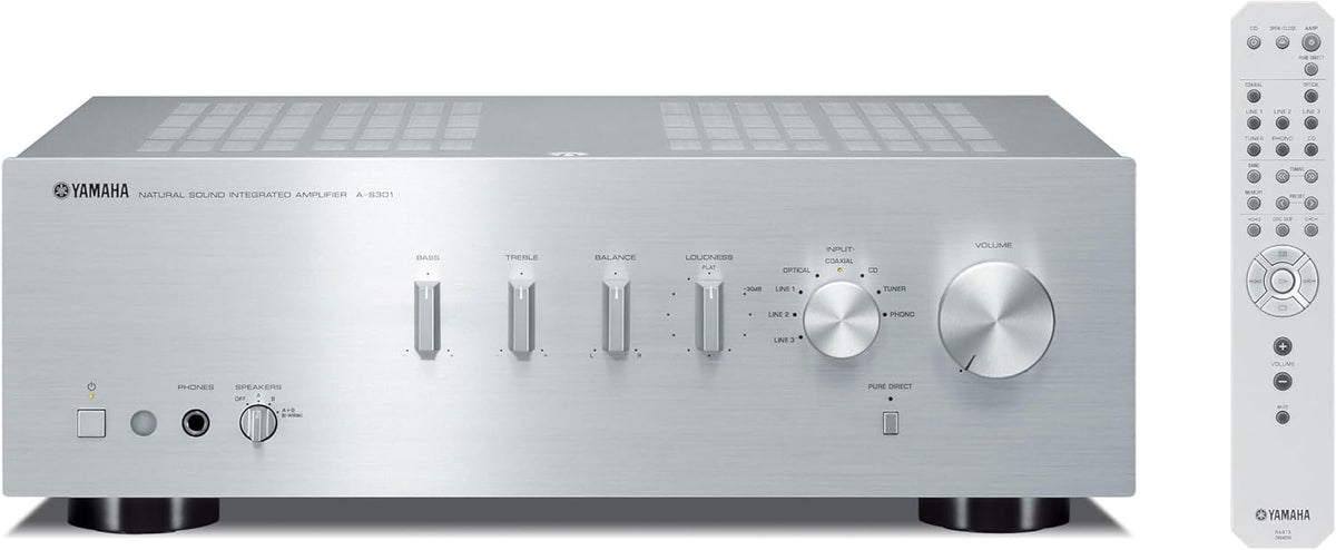 Yamaha AS 301 plata - Amplificador integrado estéreo de 95 W por canal - Entradas óptica coaxial RCA y 3,5 mm con mando a distancia - Para música televisión y sistema HiFi doméstico