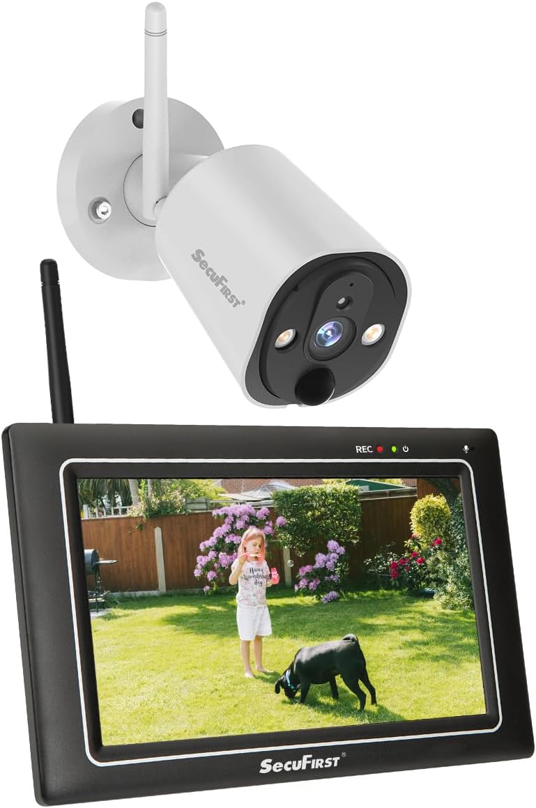 SecuFirst kit de vigilancia 2K con monitor - Cámara exterior y pantalla táctil de 7 pulgadas - Memoria integrada de 64 GB - Funcionamiento local sin necesidad de WiFi