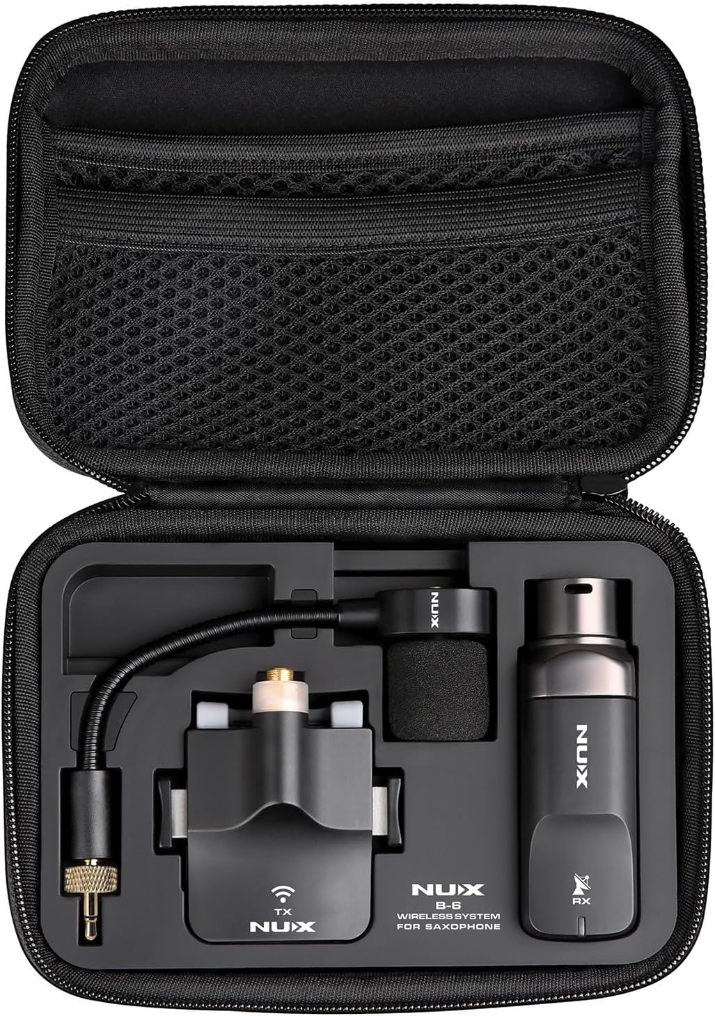 NU X B 6 sistema inalámbrico para saxofón - Transmisor de clip de 2,4 GHz con micrófono de cuello de cisne - Construcción de cobre y acabado negro - Funda recargable USB C incluida