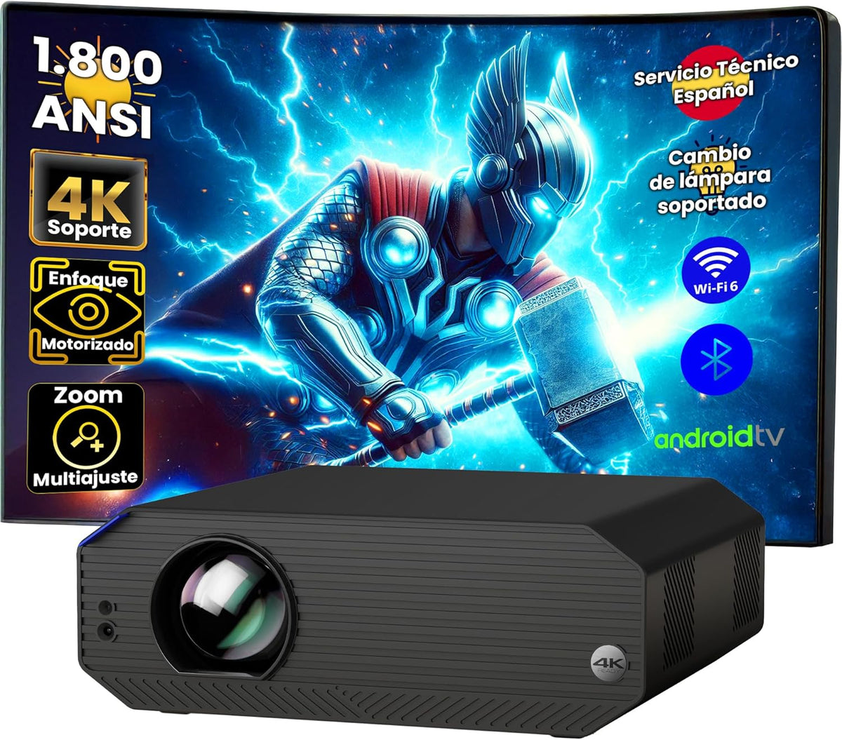 Unicview K5000 proyector 4K - Full HD 1080p y 1800 lúmenes ANSI - Android TV enfoque motorizado y Keystone 4D - WiFi 6 HDMI USB C audio 3,5 mm y altavoces de 10 W