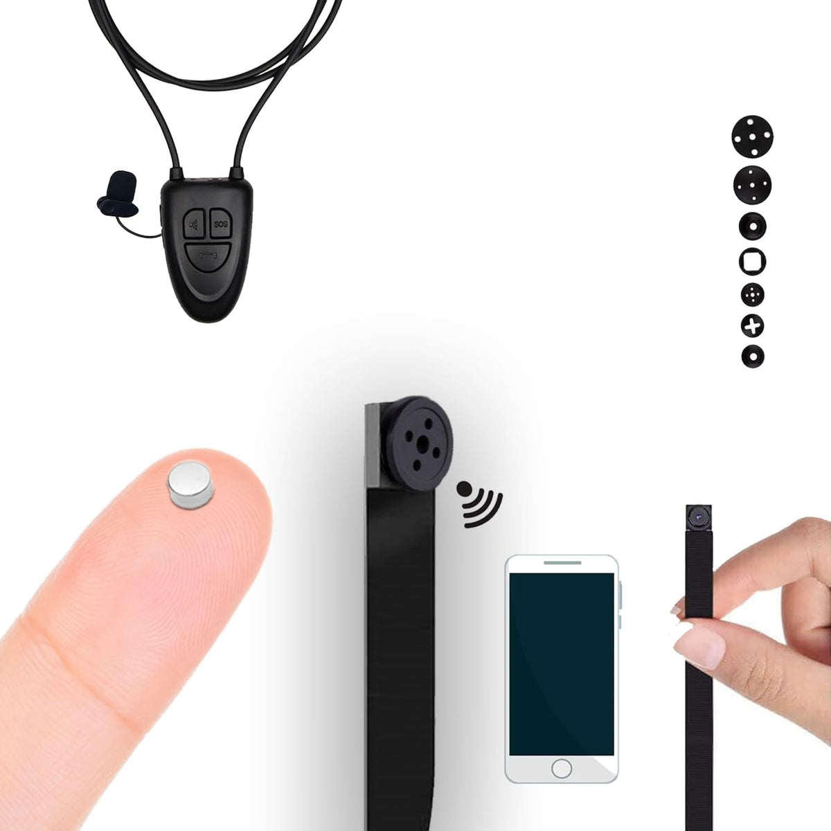 Kit mini cámara de botón WiFi V4 con auricular MicroNano - Vídeo HD 1080p y visión nocturna - Bluetooth y WiFi para móviles PC y tablet - Diseño negro con botones intercambiables