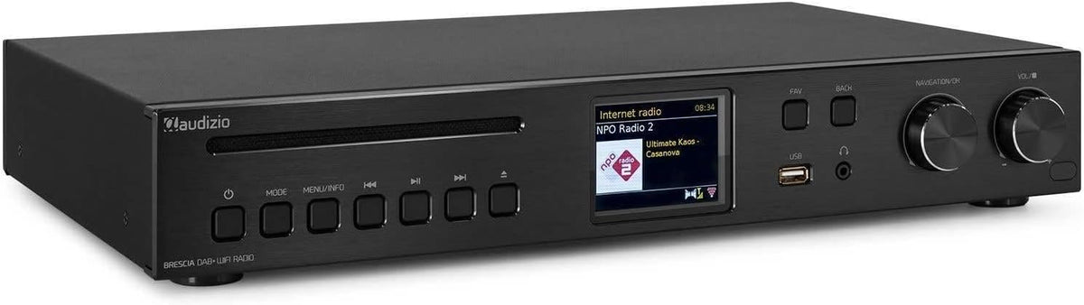 Audizio Brescia - Receptor de radio por Internet con amplificador y reproductor CD - DAB Plus FM USB MP3 Spotify y Bluetooth - Doble despertador con mando a distancia negro
