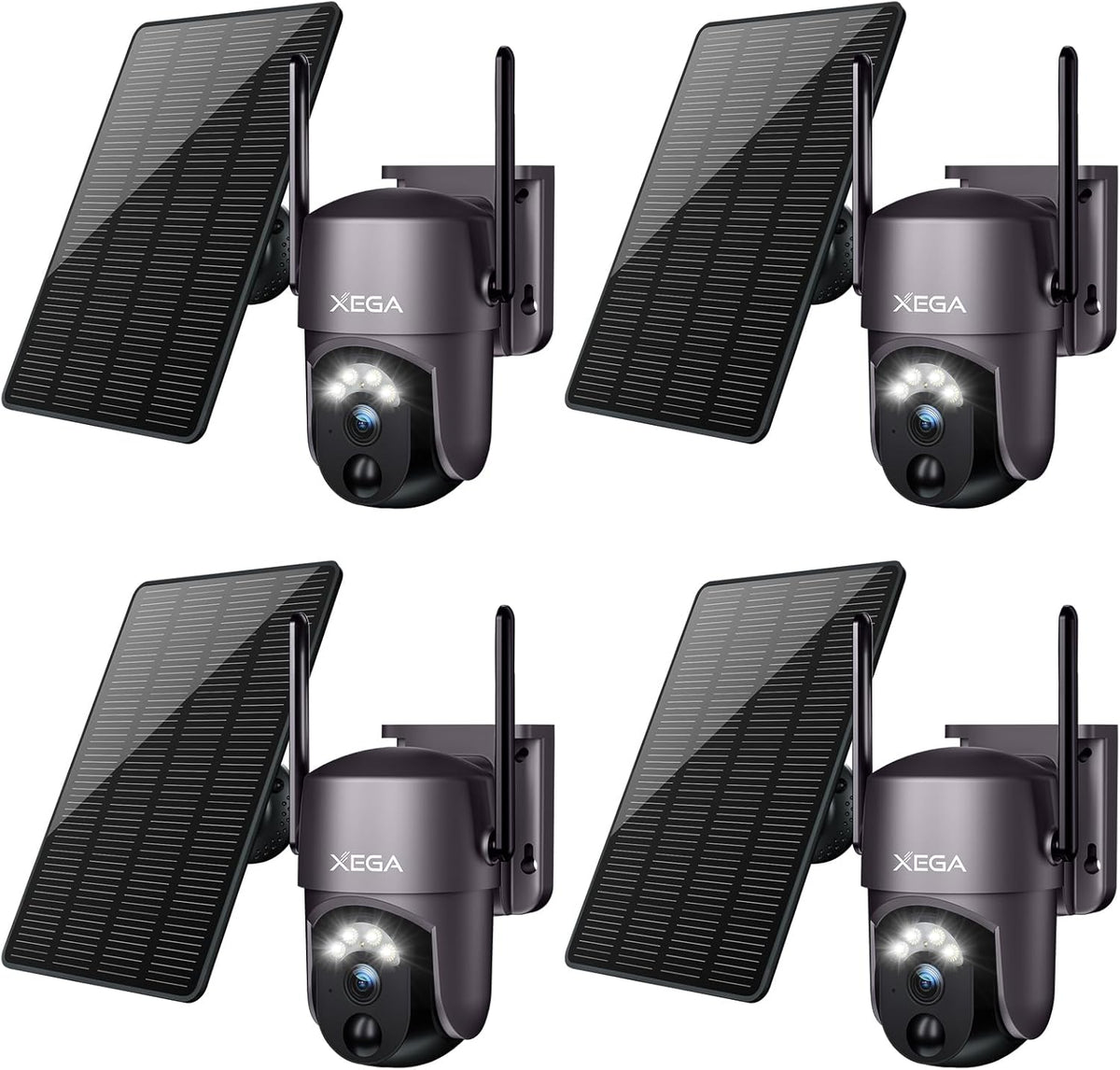 Xega - Kit de 4 cámaras solares WiFi exteriores 2K - Detección PIR de personas y visión nocturna - Audio bidireccional con montaje mural y control desde smartphone