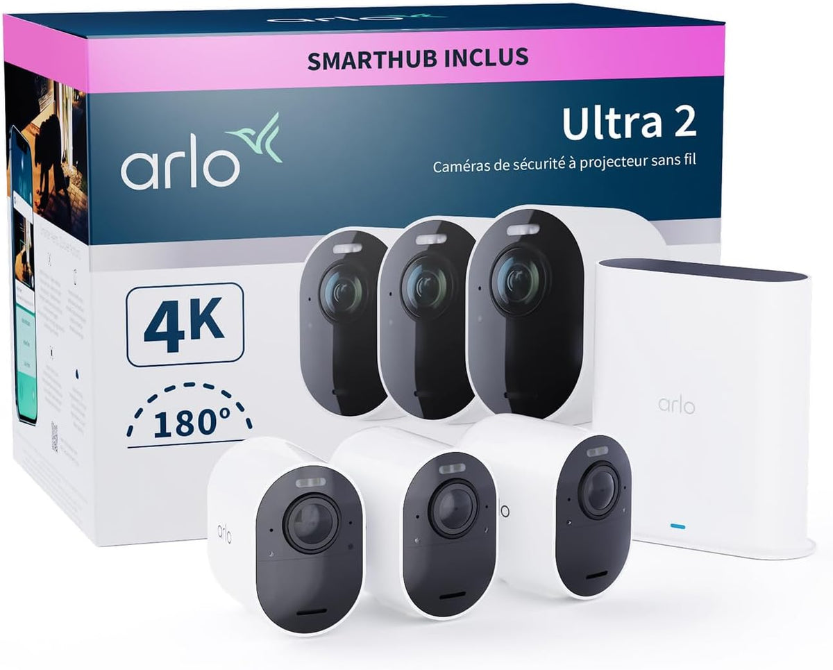 Arlo Ultra 2 - Kit de 3 cámaras WiFi 4K para interior y exterior - Batería con sensor de movimiento y visión nocturna en color - Sistema inalámbrico blanco compatible con Alexa