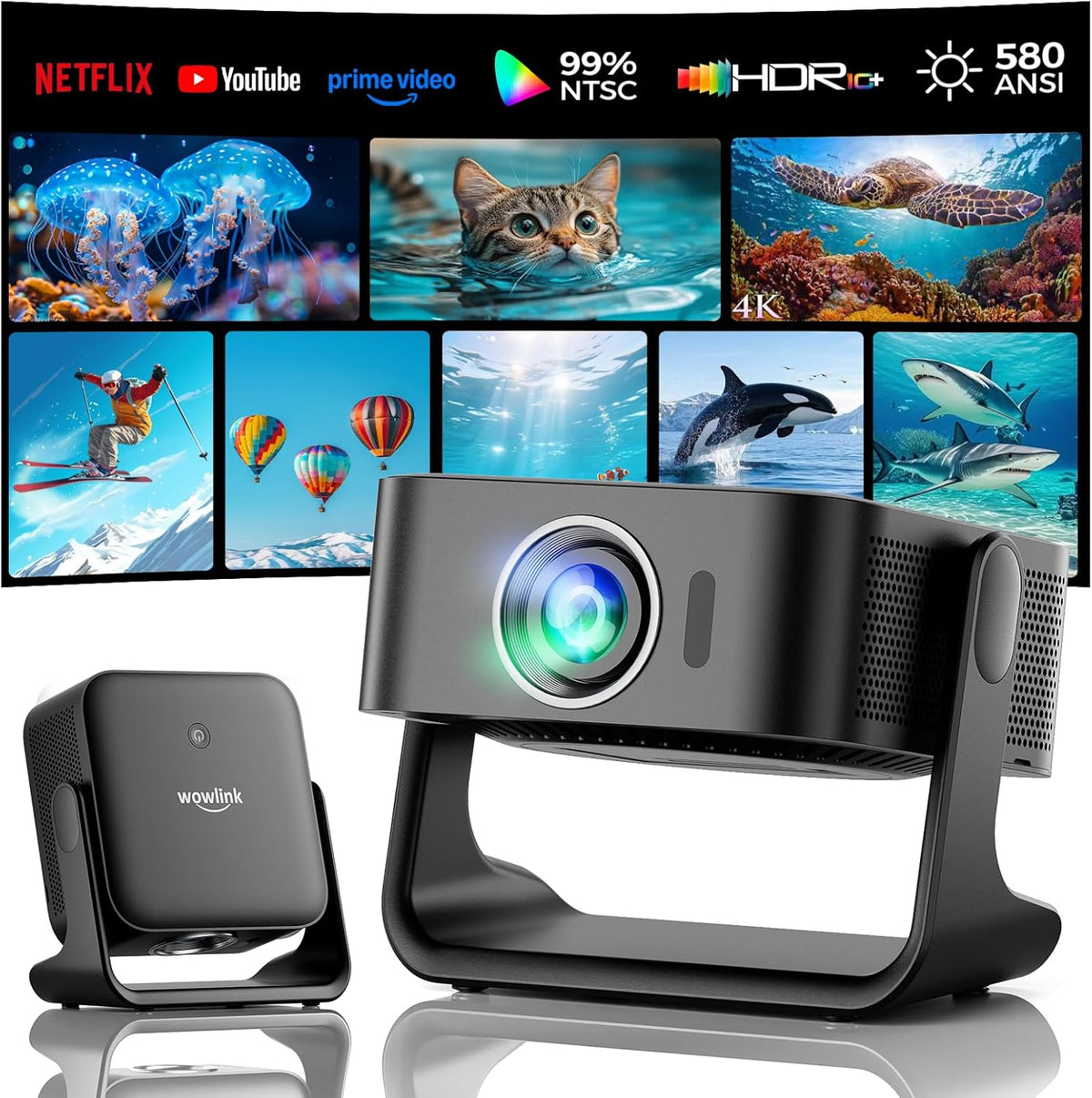 Proyector Smart 4K - Resolución 3840 x 2160 con Smart TV OS HDR10 Plus y 580 lúmenes - WiFi 6 Bluetooth 5.4 y altavoces duales - Autoenfoque corrección automática y montaje en trípode