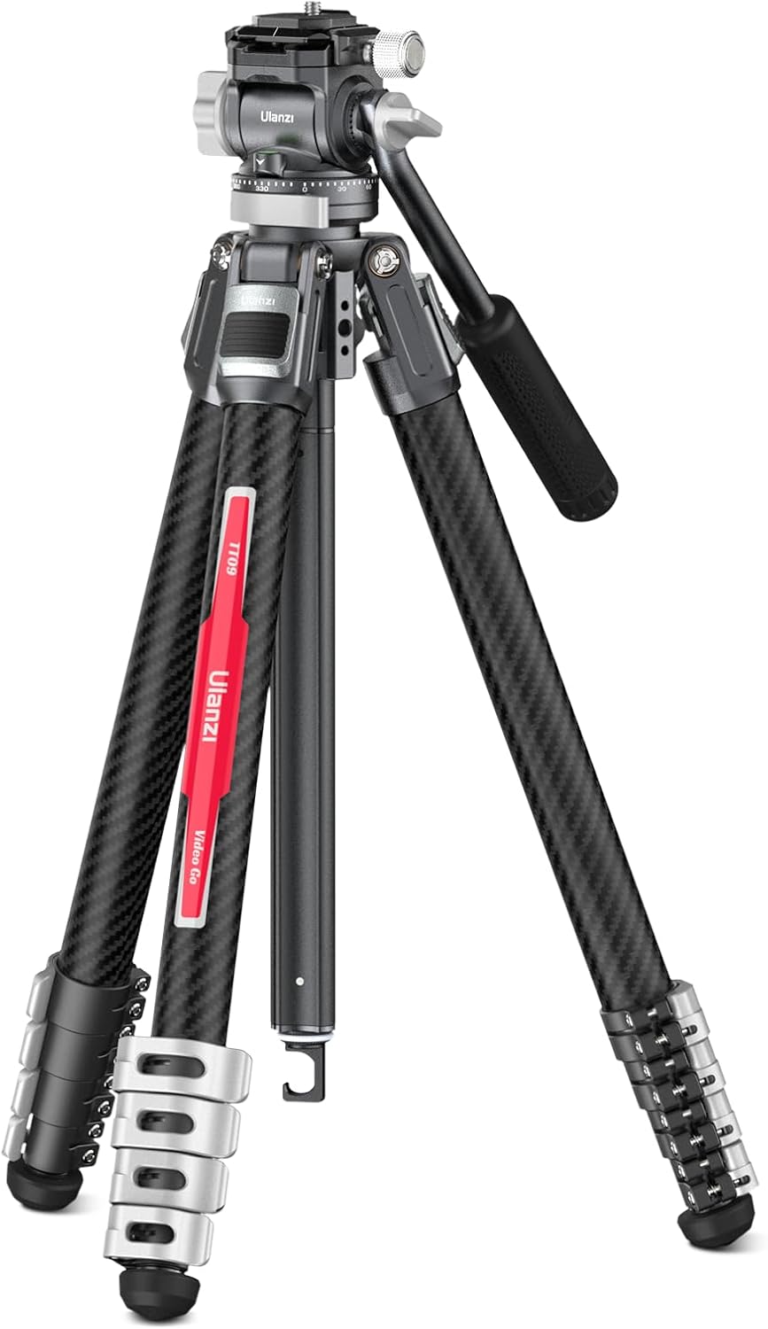 ULANZI TT09 VideoGo trípode de viaje - Fibra de carbono con altura máxima de 55,91 pulgadas - Cabezal fluido con giro 360 grados - Carga máxima de 20 kg y placa rápida Arca
