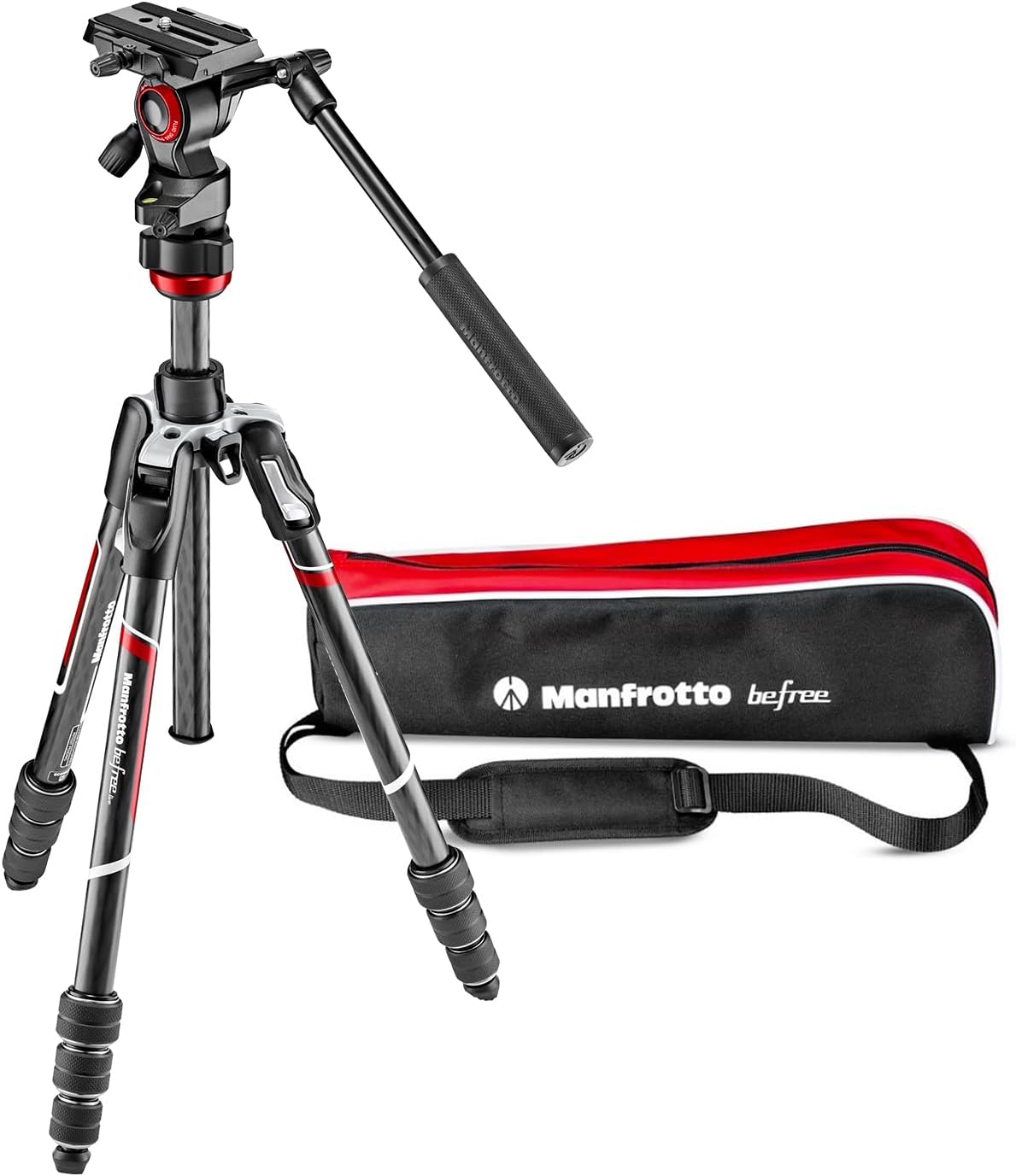 Manfrotto Befree Live Kit Twist Carbon - Trípode de fibra de carbono para videocámara - Altura máxima de 150 cm y carga de 4 kg - Cabezal fluido de vídeo blanco y rojo