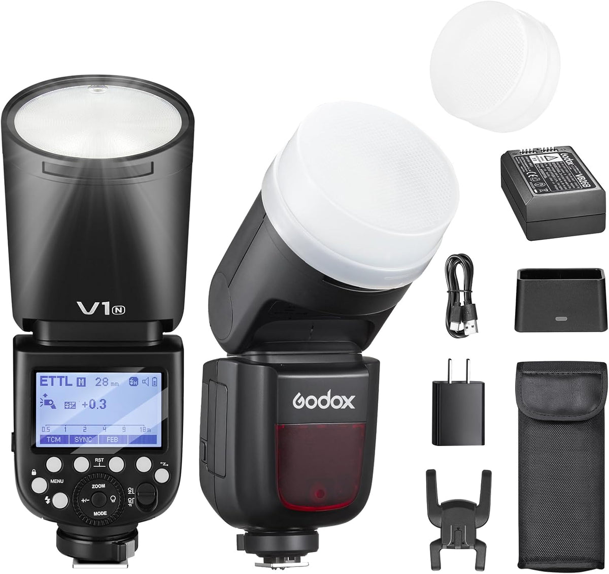Godox V1N flash Speedlite para Nikon - Cabeza redonda de 76 W y HSS 1 a 8000 s - i TTL con batería de 2600 mAh - Sistema X inalámbrico 2,4 GHz y zapata caliente