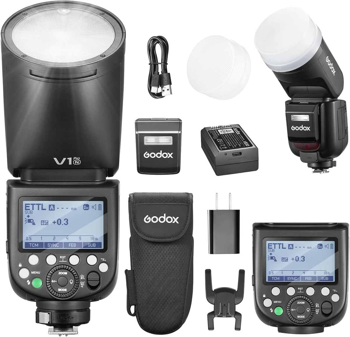 Godox V1Pro N - Flash TTL de cabezal redondo 76 Ws para Nikon - HSS hasta 1 a 8000 s con luz LED de modelado - Batería 2980 mAh sistema RF y kit con accesorio SU 1