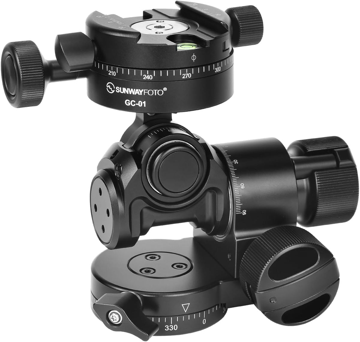 Sunwayfoto GH PROII Plus cabezal de engranajes 3D - Ajuste independiente para cámara - Abrazadera panorámica GC 01 - Diseño negro de 731 g para control preciso del encuadre