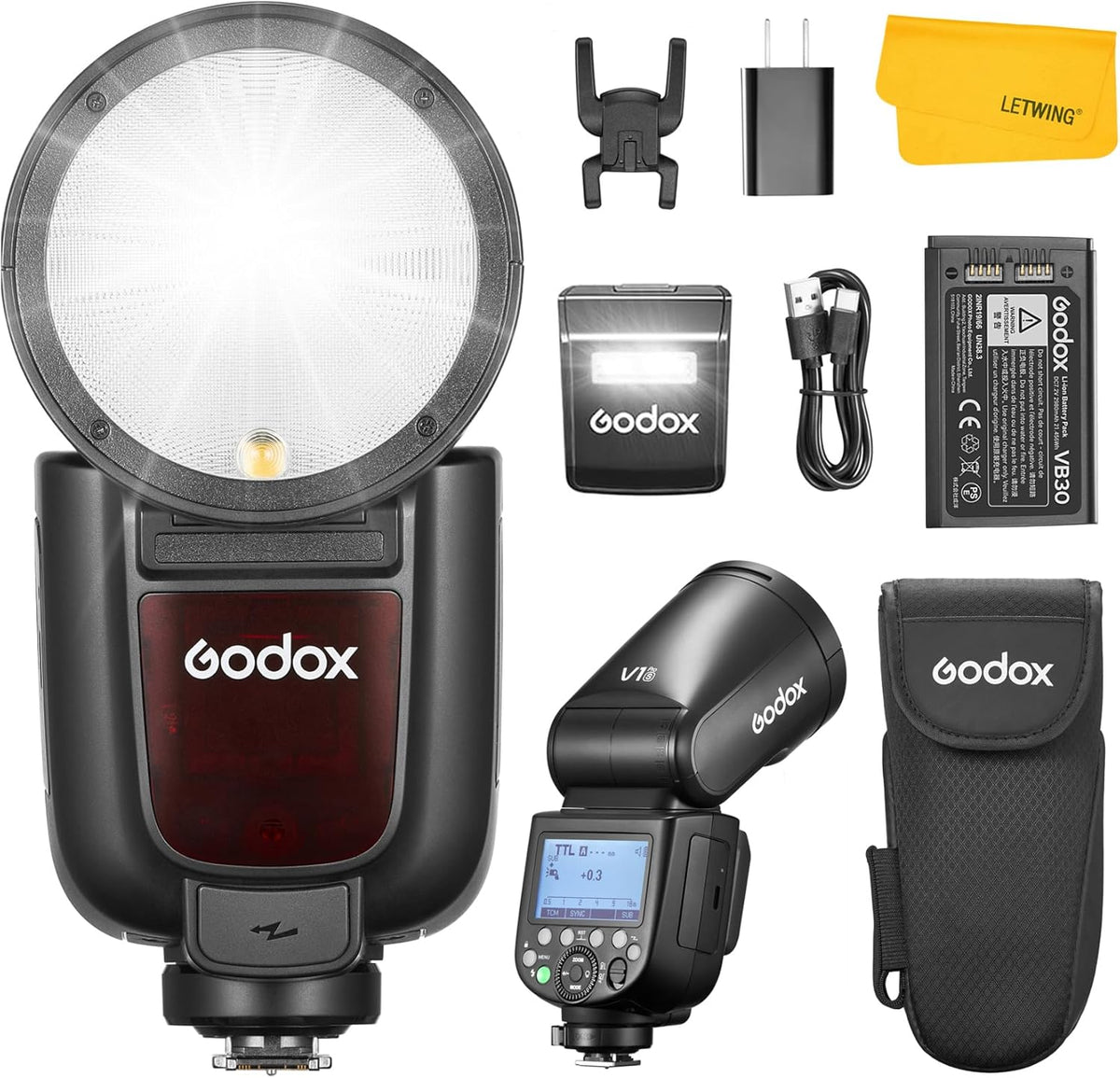 Godox V1Pro S - Flash TTL de cabezal redondo 76 Ws para Sony - HSS 1 a 8000 s y flash auxiliar SU 1 - Batería de litio y sistema inalámbrico 2,4 GHz para fotografía