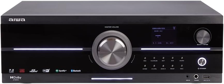 Aiwa AVR 7210 - Receptor AV 7.2 canales de 1155 W con Dolby Atmos - 6 HDMI eARC AirPlay 2 Bluetooth USB óptico y coaxial - Control remoto y Alexa para cine en casa