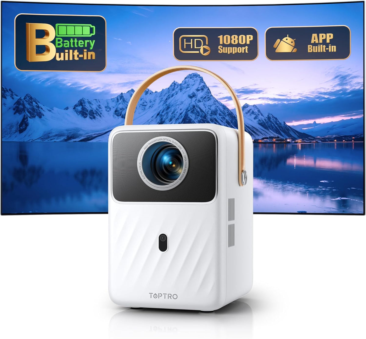 Toptro proyector portátil con Android TV - Full HD 1080p y batería incorporada - Brillo indicado de 26000 lúmenes y enfoque eléctrico - WiFi Bluetooth HDMI USB y audio de 3,5 mm