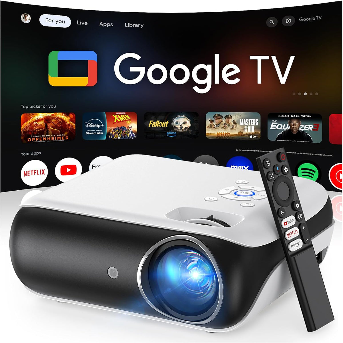 HAPPRUN proyector Smart - Full HD 1080P de 1000 ANSI con Google TV oficial - Netflix Prime Video YouTube Dolby Audio WiFi 6 Bluetooth 5.2 - Control por voz para cine y gaming