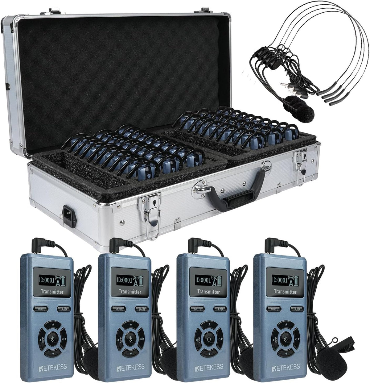 Retekess TT106S sistema inalámbrico de guía - 4 transmisores y 60 receptores en banda 2,4 GHz - Control de un toque y batería de gran capacidad - Estuche de carga incluido