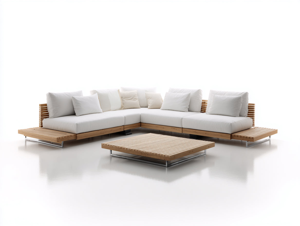 Sofás de exterior de madera 300x300x72 cm - blanco y natural - diseño cuadrado con mesa