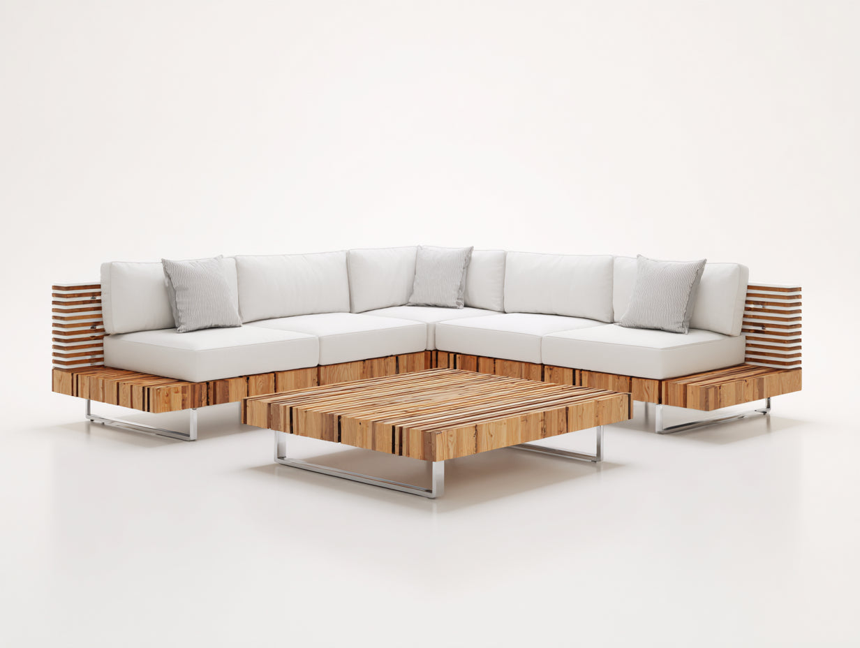 Sofás de exterior de madera 250x250x68 cm - natural blanco - diseño cuadrado con mesa para jardín